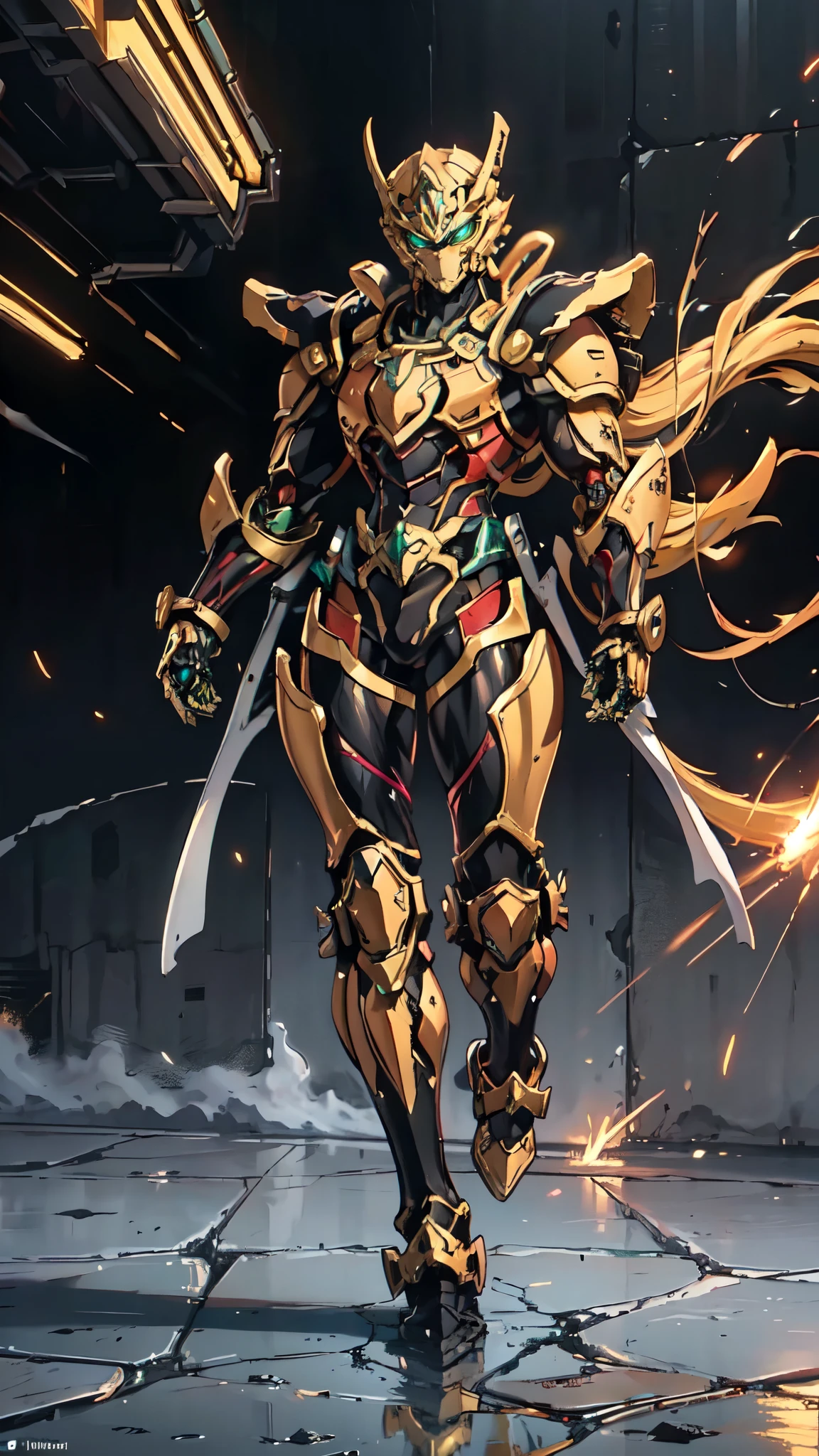 (masterpiece:1.5, best quality:1.5, extremely delicate:1.5), ((male:1.5)), Biomimetic humanoid Mecha, green eyes, fully enclosed shoulder guards, matching arm and leg guards, gemstone, full body, full armor, the design balances heavy with agility, organic biotech armor, (the color scheme is primarily Golden and Red with Black and White accents, concept Inspired by Ninja, glowing eyes, the armor glows), standing, floating high above the futuristic sci-fi city, a finely crafted Super robot in anime style, exquisite and mature art style, metallic, dramatic, high definition, highres, ultra-detailed, ultra-fine painting, professional, anatomically correct, symmetrical face, extremely detailed eyes and face, high quality eyes, creativity, RAW photo, UHD, 32k, Natural light, cinematic lighting, (masterpiece-anatomy-perfect:1.2)