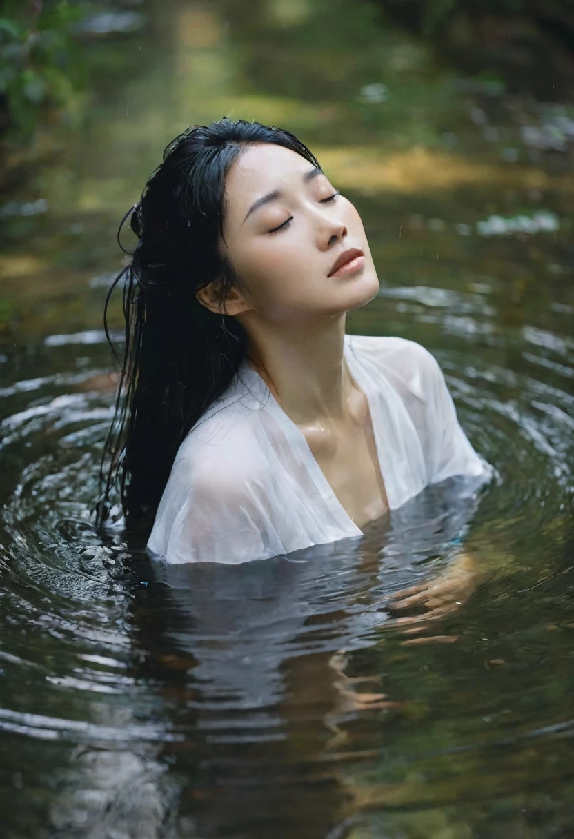 High angle shot, rainy atmosphere. A so beautiful sexy Japanese woman is in a clear stream of water that reflects the light gently. Her skin is gleaming when the light hits it. Her face and long black hair are wet and flowing in the water. She leans her head back slightly, her eyes closed, as if she is immersed in the peaceful feeling of the nature around her. 

She is wearing a thin cloth that vaguely covers her body. The light hitting the water and her skin creates a gentle and mysterious atmosphere. The beauty of this image conveys the close relationship between humans and nature, both peaceful and fragile at the same time.