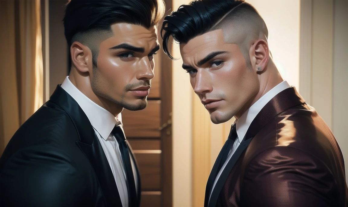 2 men, aged early 30s, each has a unique appearance. An angel and a devil who look like normal albeit incredibly gorgeous human men. classy and well-dressed. looking at you and trying to tempt you.