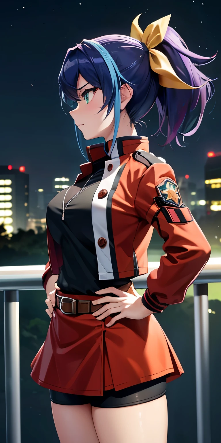 1 Female,High definition,high resolution,Ultra-realistic,8K, aaserena, ponytail,(multicolored hair),green eyes,black shirt,jacket,belt,red skirt,(shorts under skirt), tight skirt, miniskirt,European,sexy,Upper body close-up,Photographed from the front,Dynamic Angles,private teacher,blush, medium tits ,outdoors, moonlight, dark sky, buildings,full body,4k, ultra high definition, perfect face, detailed face , (isometric profile view), standing ,(hands on hips),(pov, closed shot:1.2) ,thinking