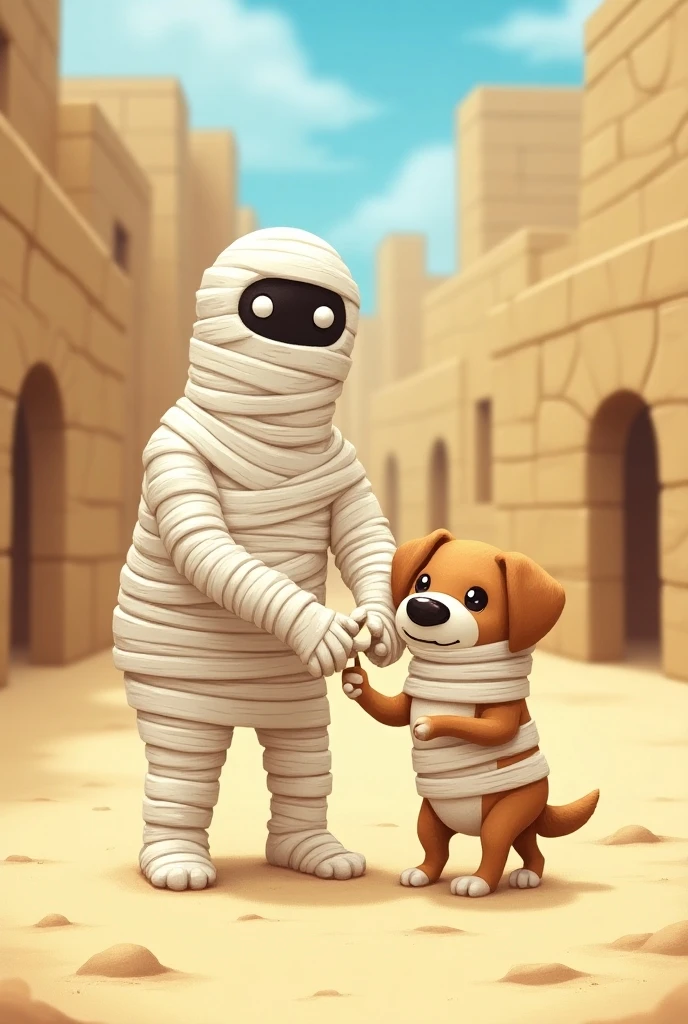 ((２D Manga , 2D,  2D Illustration )), ( a human mummy and a four-legged dog mummy ), ( a mummy man \Full body bandage:1.5,\ sandy beach,\ eye part visible \The face is black\Round eyes,\White Eyes), Notice your feet ,  expression you notice , Full body bandageの可愛い犬,  holding a human mummy's ankle bandage:1.5,  inside of a labyrinth , Egyptian style :1.5,  comical art 