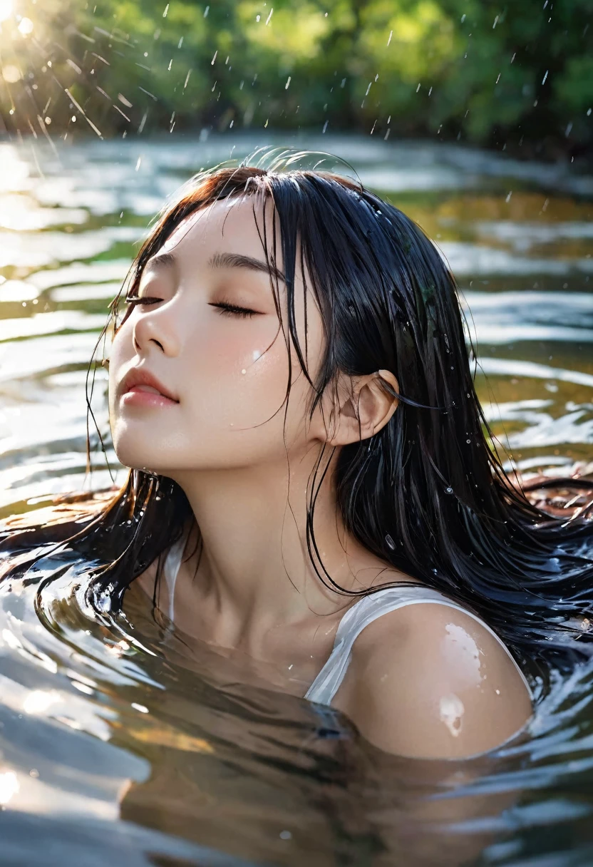 High angle shot, rainy atmosphere. A so beautiful sexy Japanese woman is in a clear stream of water that reflects the light gently. Her skin is gleaming when the light hits it. Her face and long black hair are wet and flowing in the water. She leans her head back slightly, her eyes closed, as if she is immersed in the peaceful feeling of the nature around her. 

She is wearing a thin cloth that vaguely covers her body. The light hitting the water and her skin creates a gentle and mysterious atmosphere. The beauty of this image conveys the close relationship between humans and nature, both peaceful and fragile at the same time.