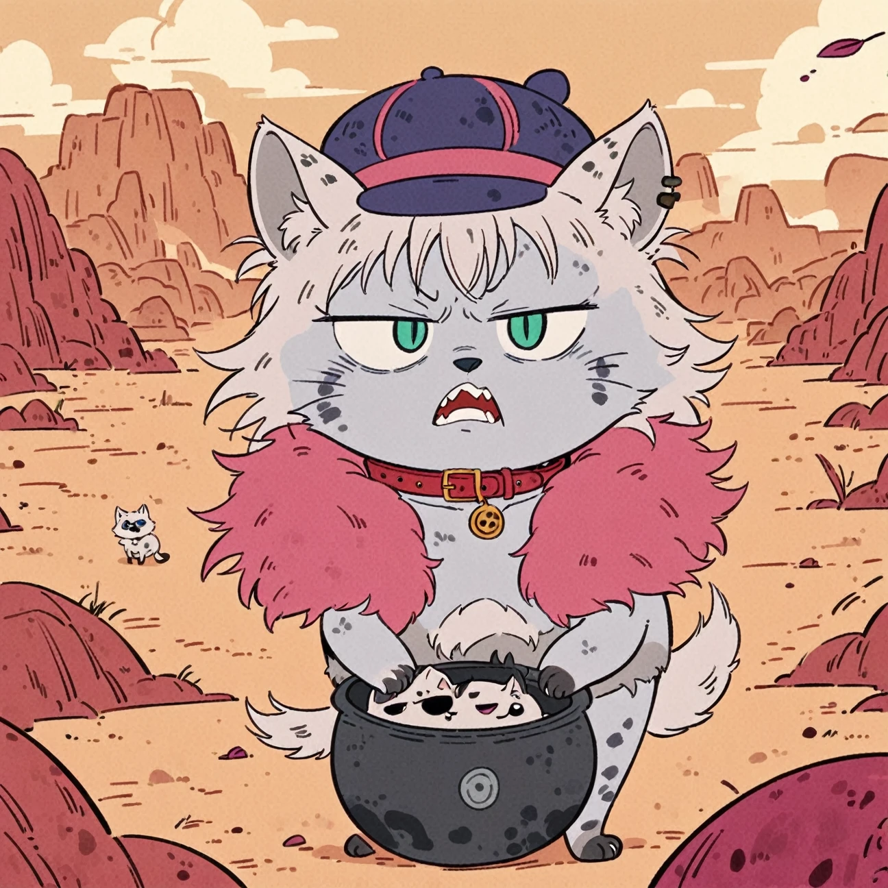 1Martian, White Tanuki Hyena Pomeranian, pale grey skin, black Medium Disheveled bowl cut hair with pink streaks, Circles Eye, Black slit pupils, Hyena Ear, Magenta Bowler hat, Maroon Crop Tops, Magenta Feather Boa, collar, Maroon Bow Tie, by Guillaume Renard \(skchkko\), Evil Rage, digital illustration, Desert, Thick lineart, style of MFKZ, 