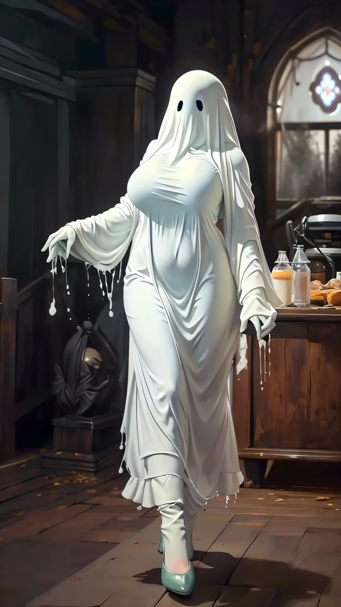 (（（figure，御姐figure,White and tender skin,（（（ghost costume,ghost,））），,(（（No Head ））),((masterpiece)),highres,((Best quality at best)),masterpiece,quality,Best quality,(（（  for the audience ,））），Huge breasts，苗条figure，Dead Wells ，bat， Green Liquid，night，）））