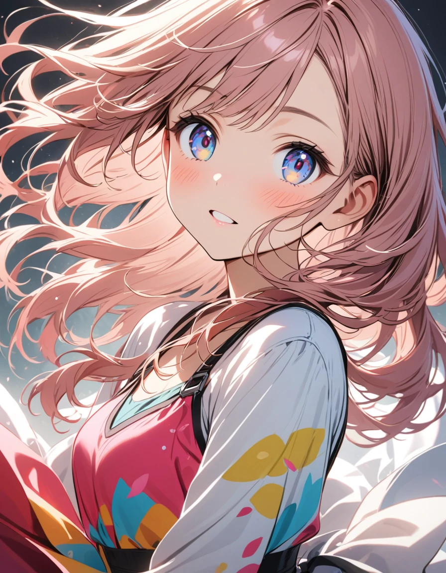 (Masterpiece, Super Detail, Best Quality, 8K, 32K, HDTV, Kyoto Animation Style Anime Illustration, Best Picture Official Art Function: 1.6), (cute: 1.1), (kawaii:1.5),(chibi:0.5),(high resolution: 1.2), incredibly ridiculous: 1.3, incredibly fine illustrations, break one beautiful girl, solo (heterochromia, light blue eyes and light green eyes), silhouette of star eyes, solo, angle from above, chest up, cleavage, Big breasts, break, braid, light pink hair, semi-long hair, red ribbon at the end of braid, black cardigan, collarbone, shoulders visible, white blouse with open chest, blue jeans, break, Japanese-style room, slouched, sweat on chest