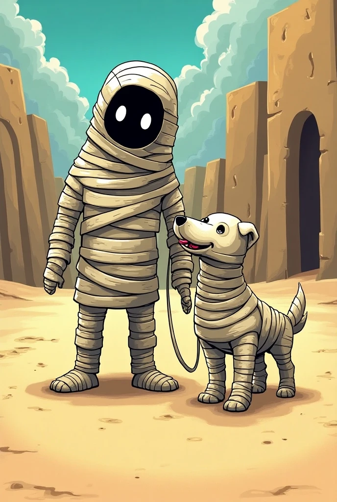 ((２D Manga , 2D,  2D Illustration )), (人間のミイラとQuadrupedalのdogのミイラ, (dog:Quadrupedal)), ( a mummy man \Full body bandage:1.5,\ sandy beach,\ eye part visible \The face is black\Round white eyes ), Notice your feet ,  expression you notice , Full body bandageの可愛いdog\((Quadrupedal))\(男の足首の holding a bandage :1.5, holding a bandage ), (dogが人間のミイラの足首の包帯を咥えている:1.5),  inside of a labyrinth , Egyptian style :1.5,  comical art 