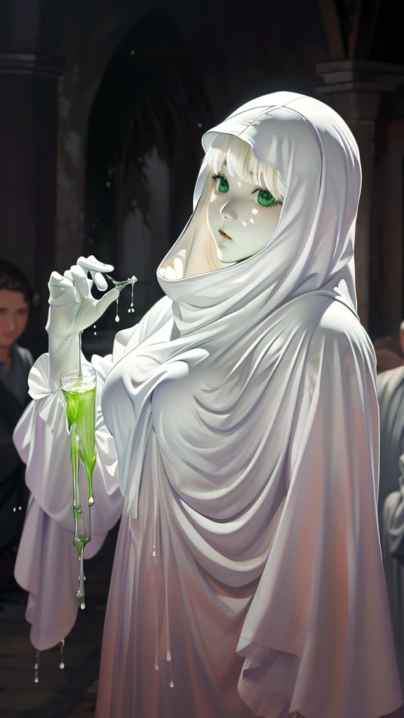 (（（figure，御姐figure,White and tender skin,（（（ghost costume,ghost,））），,(（（No Head ））),((masterpiece)),highres,((Best quality at best)),masterpiece,quality,Best quality,(（（  for the audience ,））），Huge breasts，苗条figure，Dead Wells ， Bats ， Green Liquid，night， upper body）））