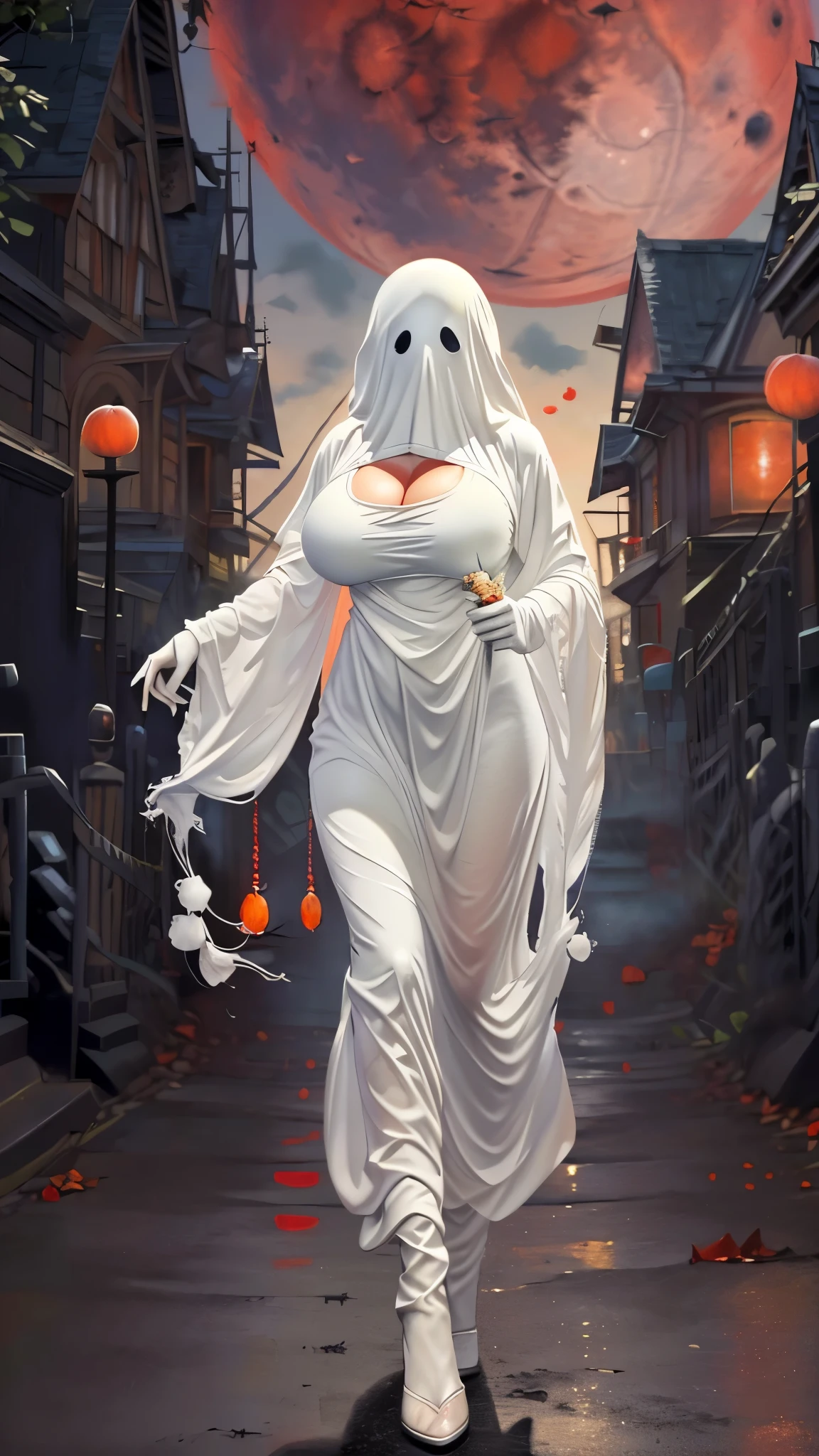 (（（figure，御姐figure,White and tender skin,（（（ghost costume,ghost,））），,(（（No Head ））),((masterpiece)),highres,((Best quality at best)),masterpiece,quality,Best quality,(（（  for the audience ,））），Huge breasts，苗条figure，castle， Bats ，night，Red Moon，）））