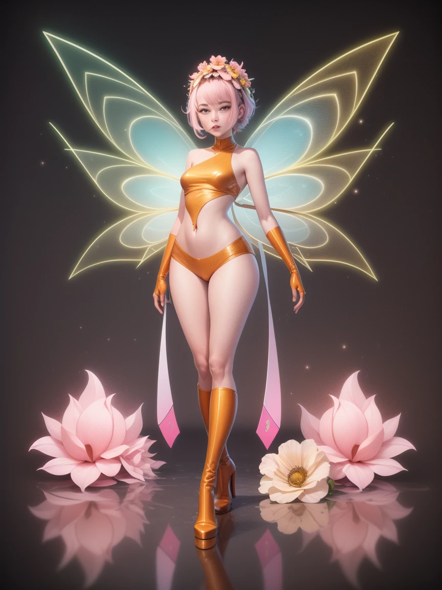 Sci-fi cartoons，Multiple Wings，Pink Flower Fairy Mech，High Detail，Full body portrait