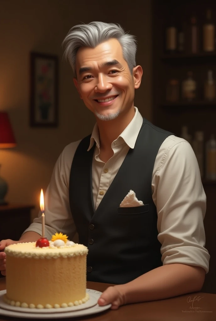 Handsome slender brown man with short gray hair,  of legal age celebrating 56 years with a beer cake 