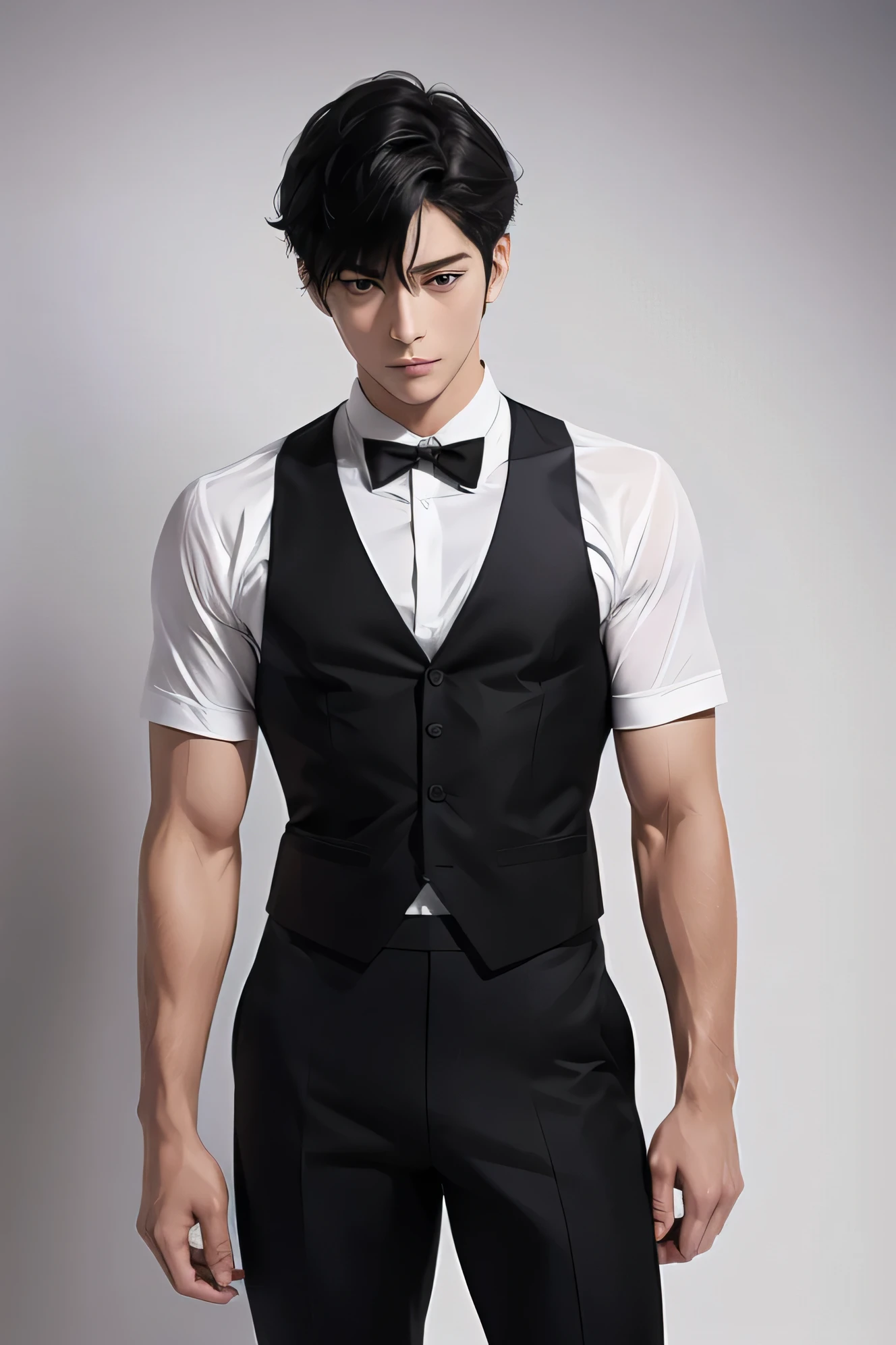  Japanese　　 Handsome Man 　Short cut　Black Hair　male　Slim figure　Singlet　　Lower Body Tights Mokkori　Bow tie　cuffs　 drips on clothes　　Background Universe