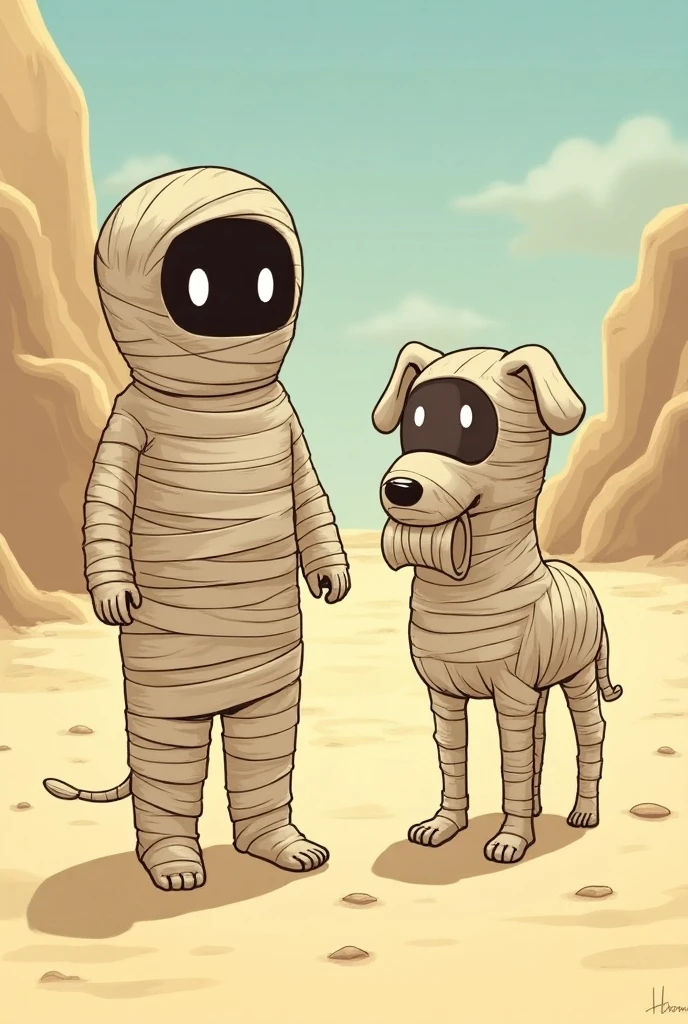 ((２D Manga , 2D,  2D Illustration )), (人間のミイラとQuadrupedalのdogのミイラ, (dog:Quadrupedal)), (The mummy man\ full body bandage:1.5,\ sandy beach,\ eye part visible \The face is black\Round white eyes ), Notice your feet ,  expression you notice ,  full body bandageの可愛いdog\((Quadrupedal))\(dog holding a mummy man's bandage:1.5, holding a bandage), (dogが人間のミイラの足首の包帯を咥えている:1.5),  inside of a labyrinth , Egyptian style :1.5,  comical art 