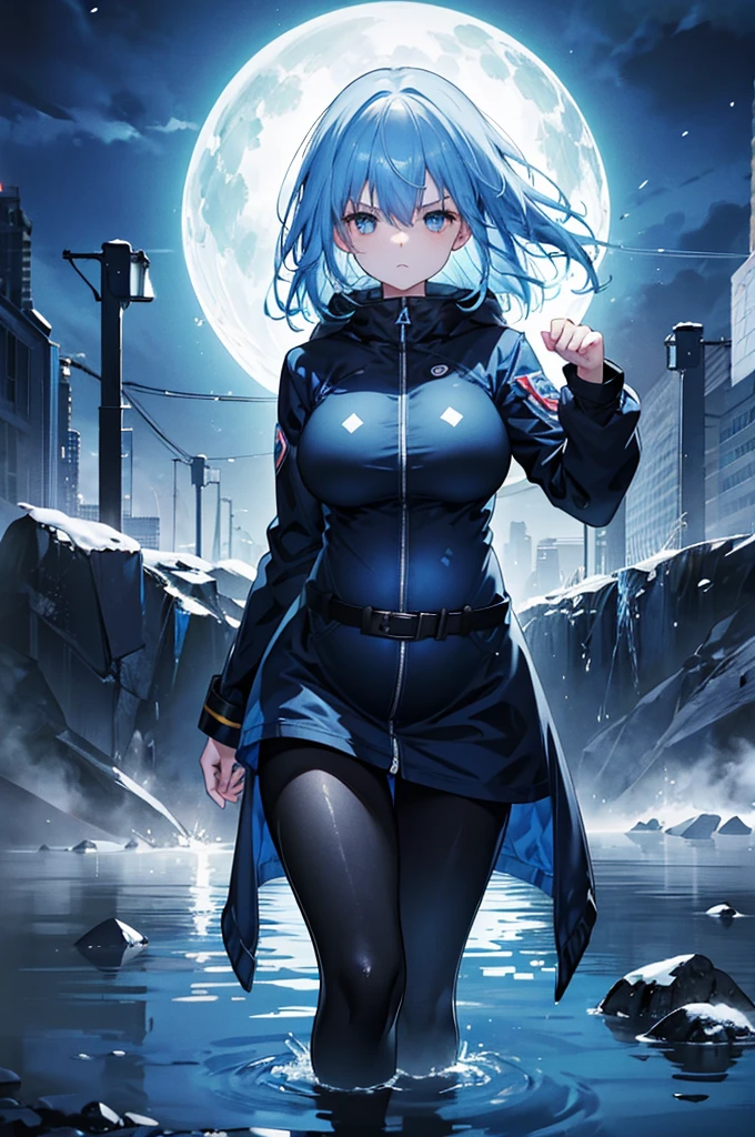 4K,high resolution, 1 girl, blue hair, medium hair, blue eyes, medium breasts, night, snowy river scene, dark coat, blue jacket, belt, black leggings, looking at viewer, angry, Pregnant, standing in water, hands on fist