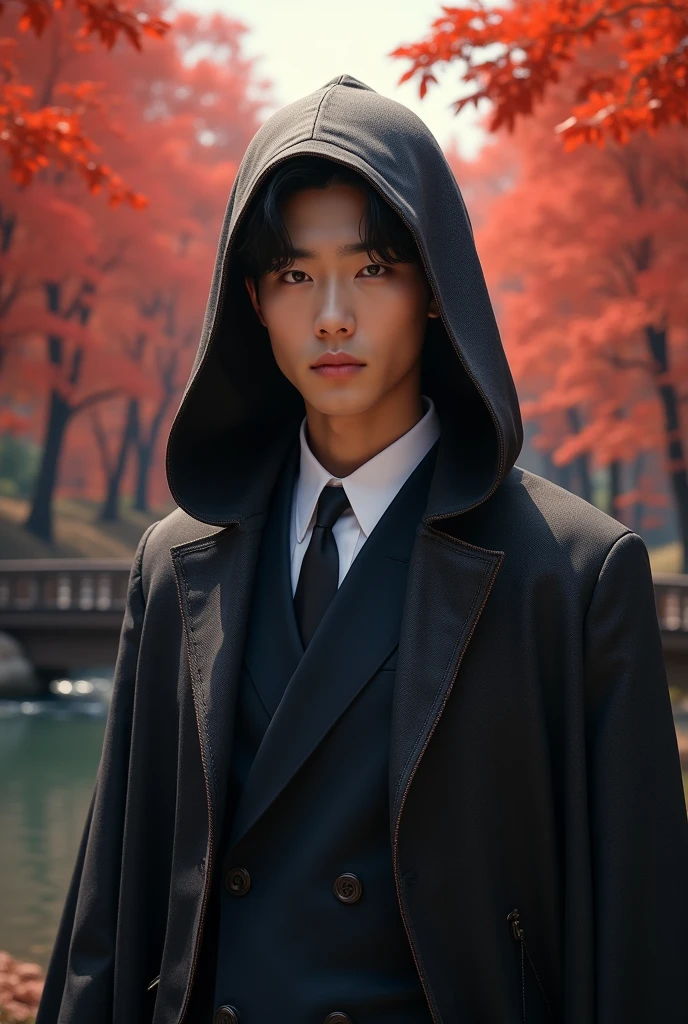 ((masterpiece,  Best quality)),  ultra-detailed hood is worn,  official art , unity 8k обои, formal suit,  young handsome man , One,  perfect face , shiny skin, Flashing pupils,  daytime, Background - fiery red maple , Maple leaf, River bank, wooden bridge, aesthetic, (upper_body), Korean man, cold face, 1boy, beautiful man