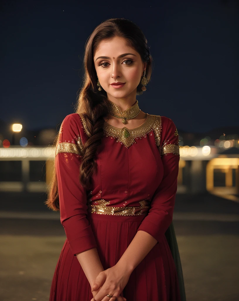 a photo of a 30-year-old woman, smrn, professional portrait photo,high neck Anarkali Suit, high ponytail,  solo, night time, city bokeh lights   