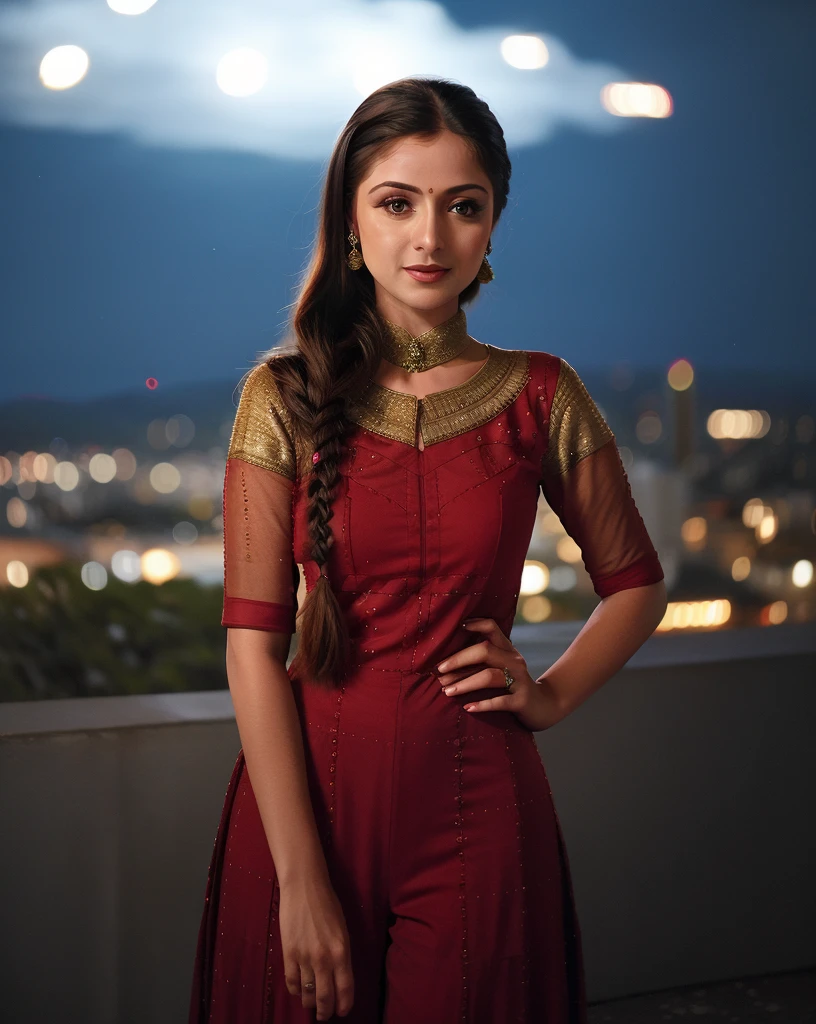 a photo of a 30-year-old woman, smrn, professional portrait photo,high neck Anarkali Suit, high ponytail,  solo, night time, city bokeh lights   