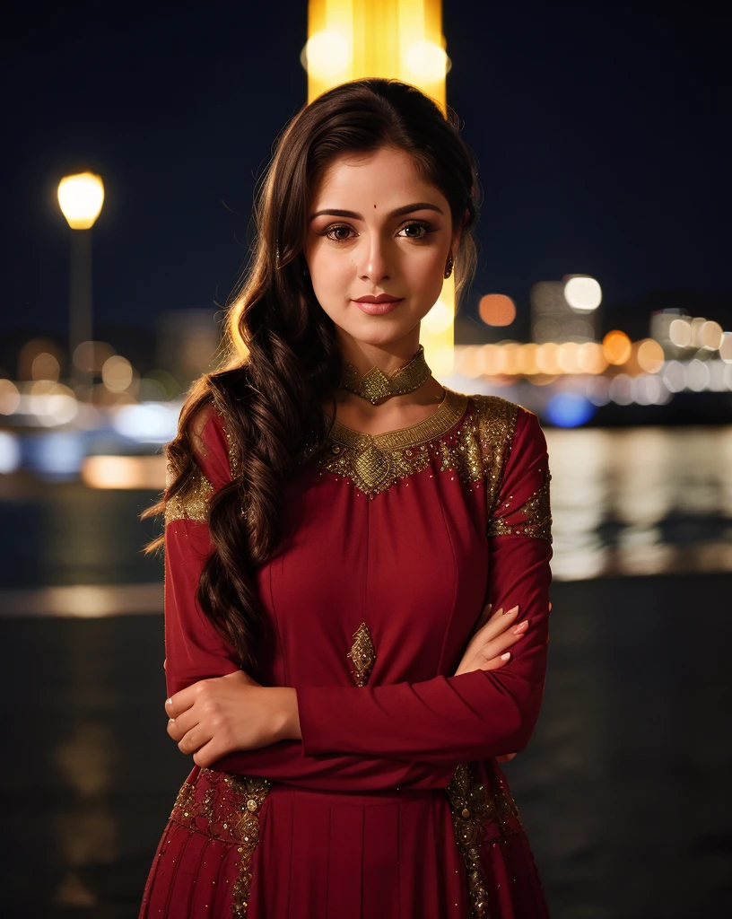 a photo of a 30-year-old woman, smrn, professional portrait photo,high neck Anarkali Suit, high ponytail,  solo, night time, city bokeh lights   