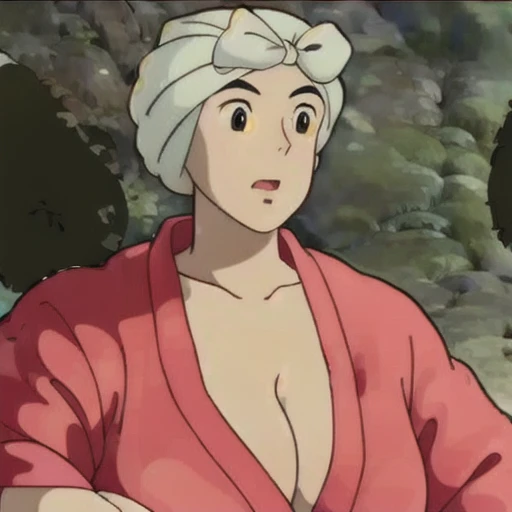 Toki,1woman,
towel on head,
pink kimono,cleavage,