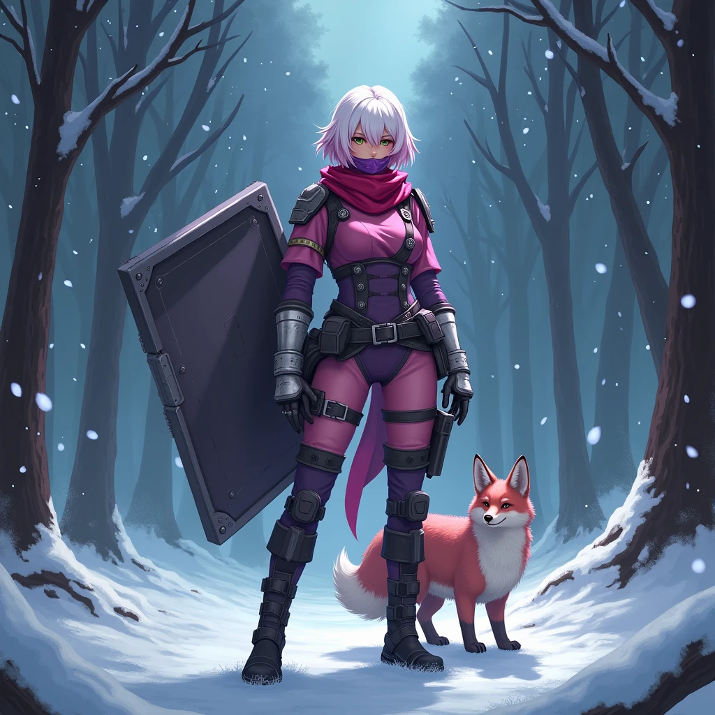 1girl, white short hair with soft pink tint, soft green eyes, purple mouthmask, mask pull, scarlet red scarf, pink tactical topwear, purple tactical underwear, white fingerless gloves, black boots, 1 fox girl, winter forest surroundings, night sky, large rectangular shield on hand, 