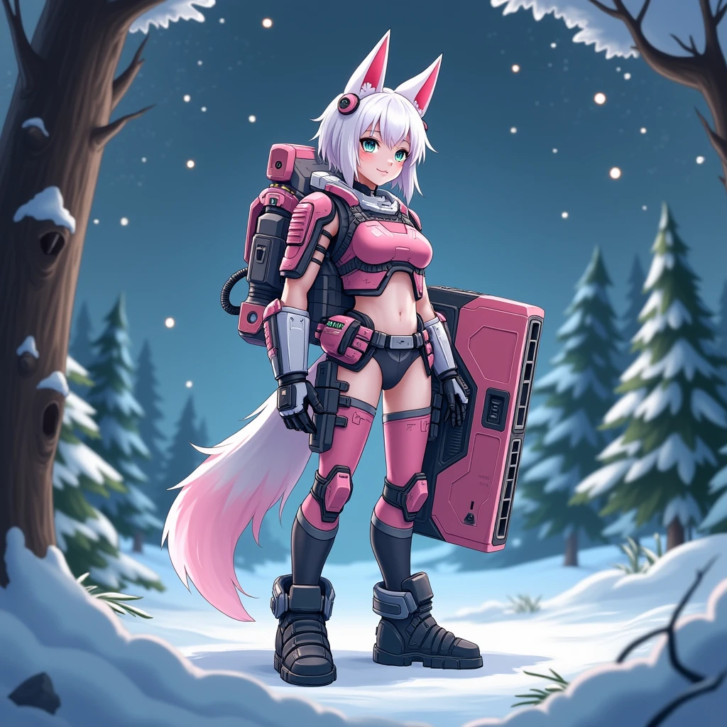 1girl, white short hair with soft pink tint, soft green eyes, pink tactical topwear, pink tactical underwear, white fingerless gloves, black boots, fox girl, winter forest surroundings, night sky, large rectangular mechanical shield on hand, pink helmet