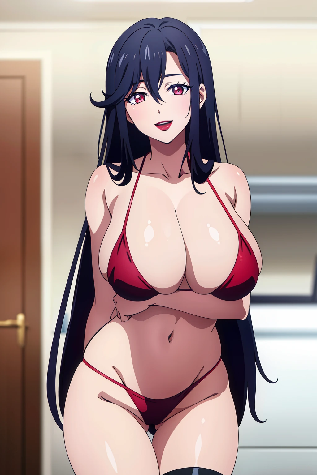 masterpiece, perfect lighting, (beautiful, best quality:1.3), perfect eyes, absurdres, 8k,
1girl, solo, (absurdres), finely detail, 
long hair, saori_ohtori, black hair, , red eyes,  smile, hair between eyes, large breasts, long legs, skinny, (lipstick:1.1), :d, 
Mature, Massive breasts, huge tits, big boobs, perfect body, sexy pose, stockings, Bikini, pussy