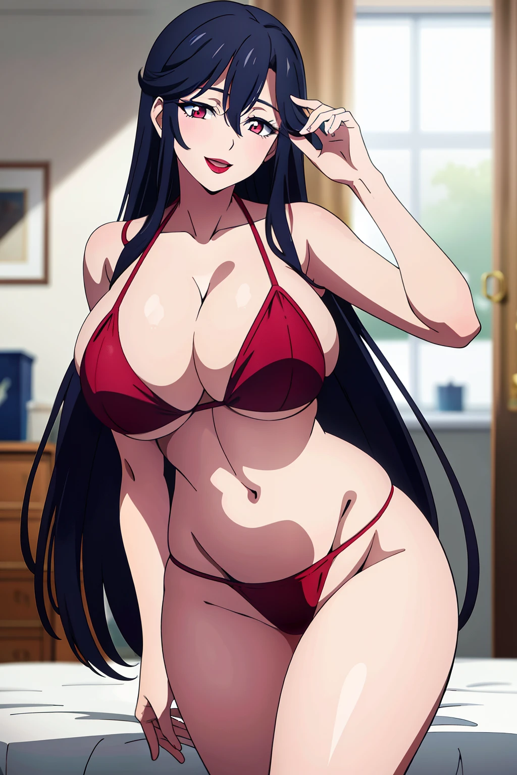 masterpiece, perfect lighting, (beautiful, best quality:1.3), perfect eyes, absurdres, 8k,
1girl, solo, (absurdres), finely detail, 
long hair, saori_ohtori, black hair, , red eyes,  smile, hair between eyes, large breasts, long legs, skinny, (lipstick:1.1), :d, 
Mature, Massive breasts, huge tits, big boobs, perfect body, sexy pose, stockings, Bikini, pussy