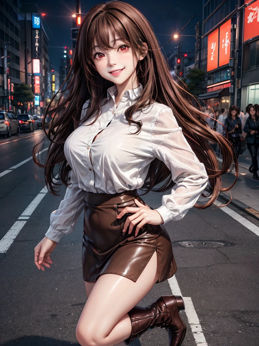 masterpiece, Superior image quality, High resolution, 4k image, photorealistic, 1 young girl of 20 years old, walking, {Alone}, big breasts, beautiful face, long dark brown wavy hair, scarlet red eyes, very detailed eyes, seductive expression, black french beret, choker:1.6, (white collar button down shirt white long sleeve), black miniskirt, Red high heels, sensual lips , show details in the eyes, View from the front, Street, city at night