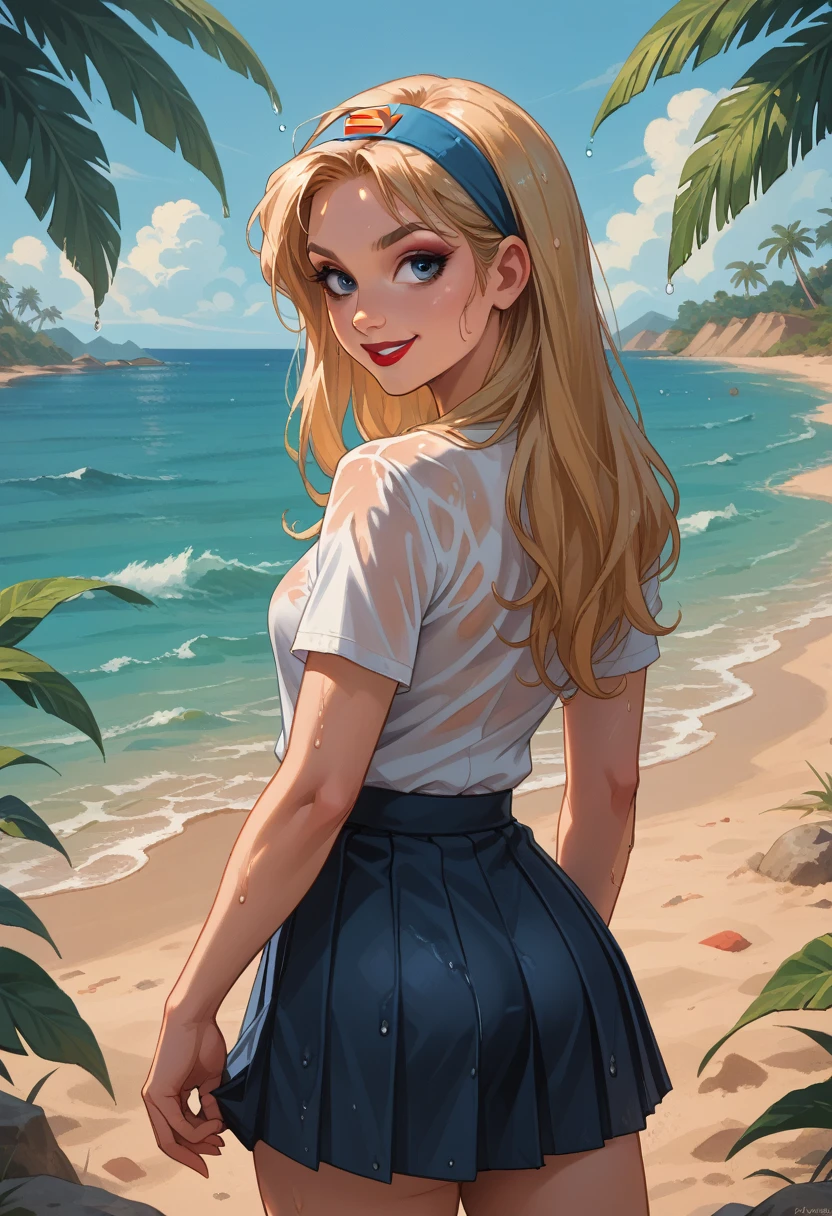 nsfw,  masterpiece , better quality, 1 , supergirl, Blonde hair, long hair, headband, blue eye, pleated skirt, ( short white blouse),  looking back,  skirt raised,raise your butt, neste, smile, makeup, wet, lipstick, Alone, sand, mar,  tropical island background