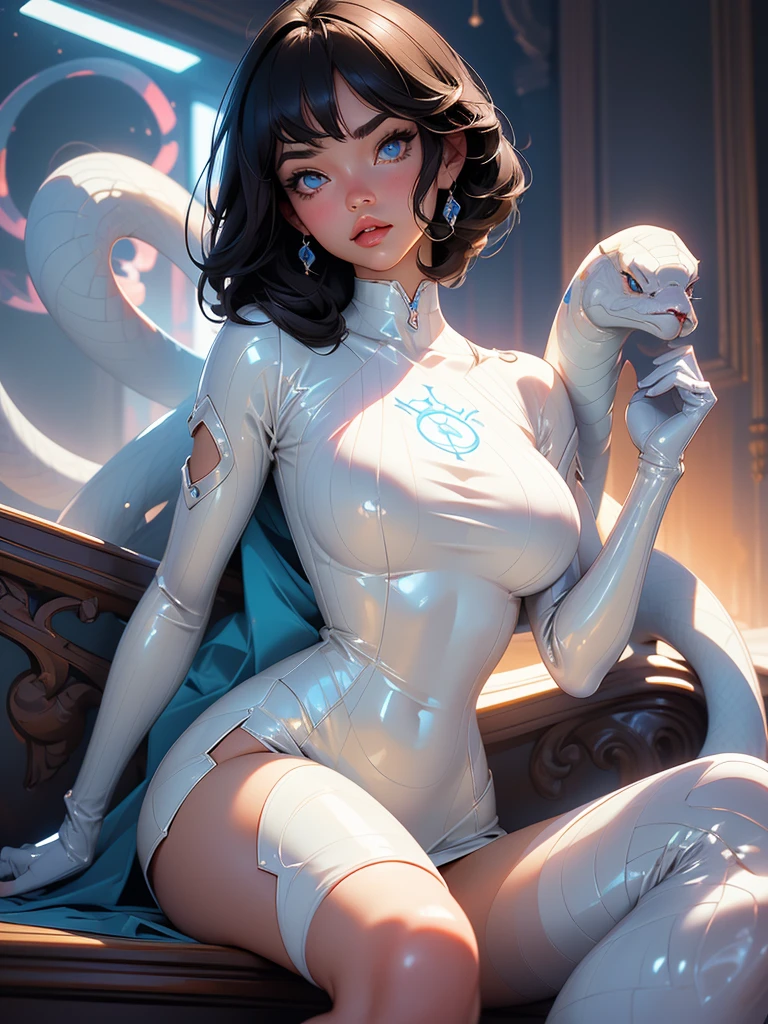 (best lighting) (best quality, masterpiece:1.2), illustration by hajime sorayama, perfect body, hyperfeminine curves, (detailed eyes), (detailed face), femme fatale, woman, short black hair, bangs, blue eyes, curvy,, high fashion, latex, long socks, solo, cinematic, surrounded by white snakes