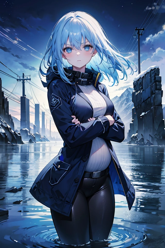 4K,high resolution, 1 girl, blue hair, medium hair, blue eyes, medium breasts, night, snowy river scene, dark coat, blue jacket, belt, black leggings, looking at viewer, angry, Pregnant, standing in water, hands on fist