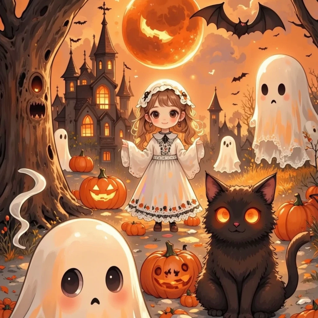 fca_style,1girl,halloween ghost costume,(chibi),horror,smoke, rotten tree, solar eclipse, halloweencoser