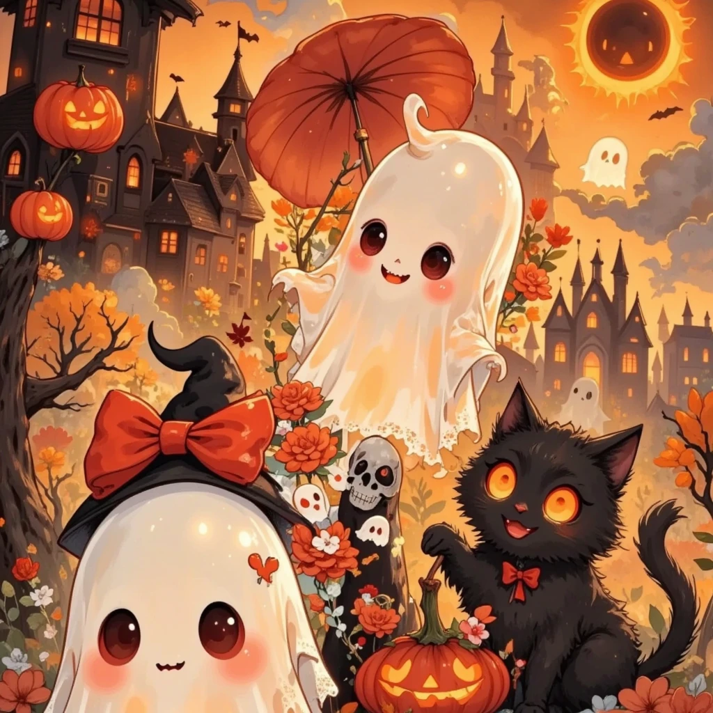 fca_style,1girl,halloween ghost costume,(chibi),horror,smoke, rotten tree, solar eclipse, halloweencoser