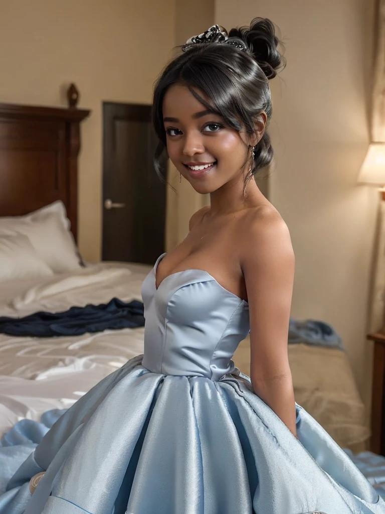 A Indian girl, black ponytail, (black skin:1.4), BREAK, baby face, standing, (satin princess dress, blue wedding dress:1.4), BREAK, (wedd00ing:1.2), (tiny tits, tt_flat), ((shooting from side)), armpit, smiling,+ bedroom, 