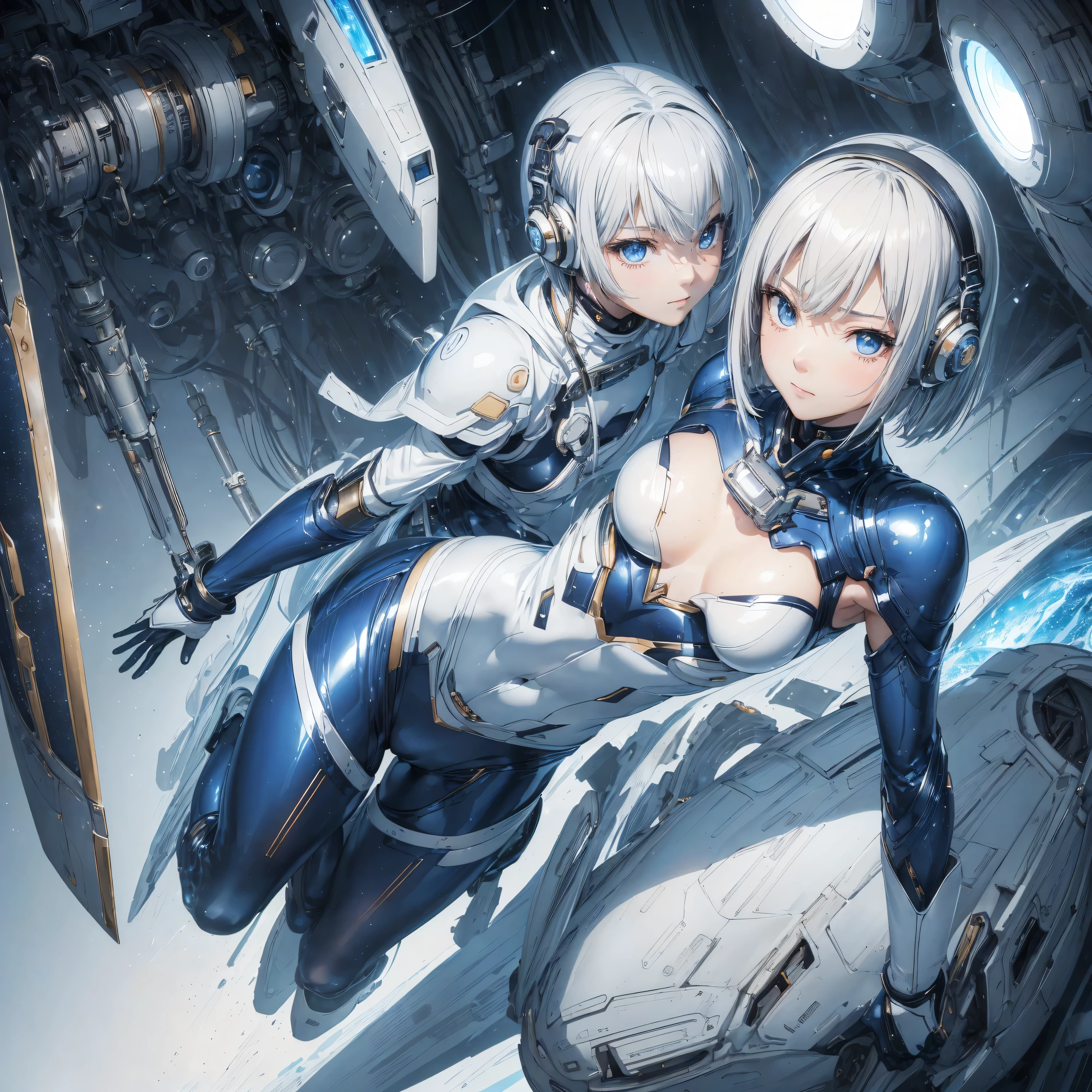 (masterpiece、Highest quality、Highest Resolution、Clear_image、Detailed details): (Whole body、One 20 year old girl、Japanese Faces、Small Face、Slender、Navy blue super short bob cut hair、(Hidden small breasts:1.3)、Sparkling blue eyes、Shiny pilot suit in white, blue and black colors、Chest protection armor、Tight fitting clothes、Clothing that covers the whole body、Glamorous clothes、Tight Fit Pants、Hide your skin、Very delicate and beautiful、Detailed Skin、hide thighs、Hide your ass、Cute、A gentle smile、Soft expression、heroine、headset、Knee-high boots、Elbow-length gloves、Eye Level Shot、Peace talks between warring factions,attention arousal, smart blue eyes,Face directly、Woman on a spaceship)