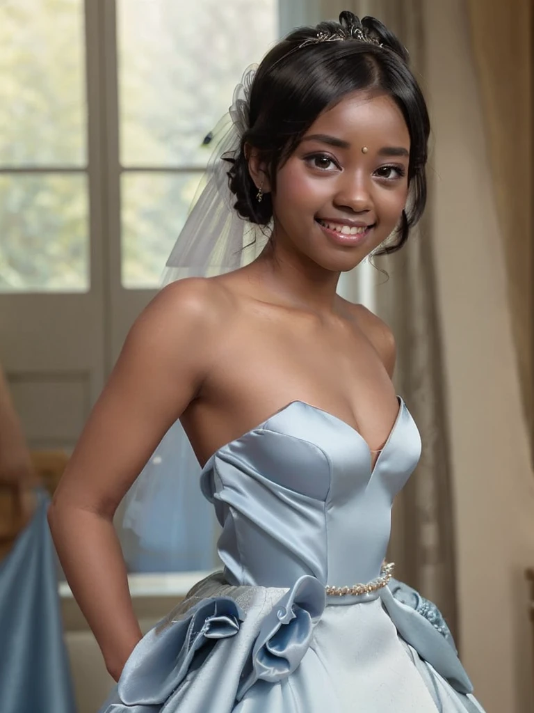 A Indian girl, black ponytail, (black skin:1.4), BREAK, baby face, standing, (satin princess dress, blue wedding dress:1.4), BREAK, (wedd00ing:1.2), (tiny tits, tt_flat), ((shooting from side)), armpit, smiling,+ bedroom, 