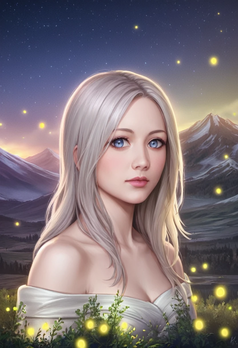 best quality, masterpiece, highres,, 1girl, Detailed face, (Upper body:1.6), Cyber cities, mountains and rivers, night, firefly lights, Realistic, rich in detail, (White hanfu:1.2), (beautiful body:1.4),