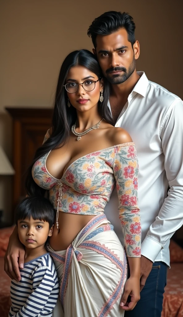 Busty arabian Mother with her teen boy and daughter. Photo. Optimistic