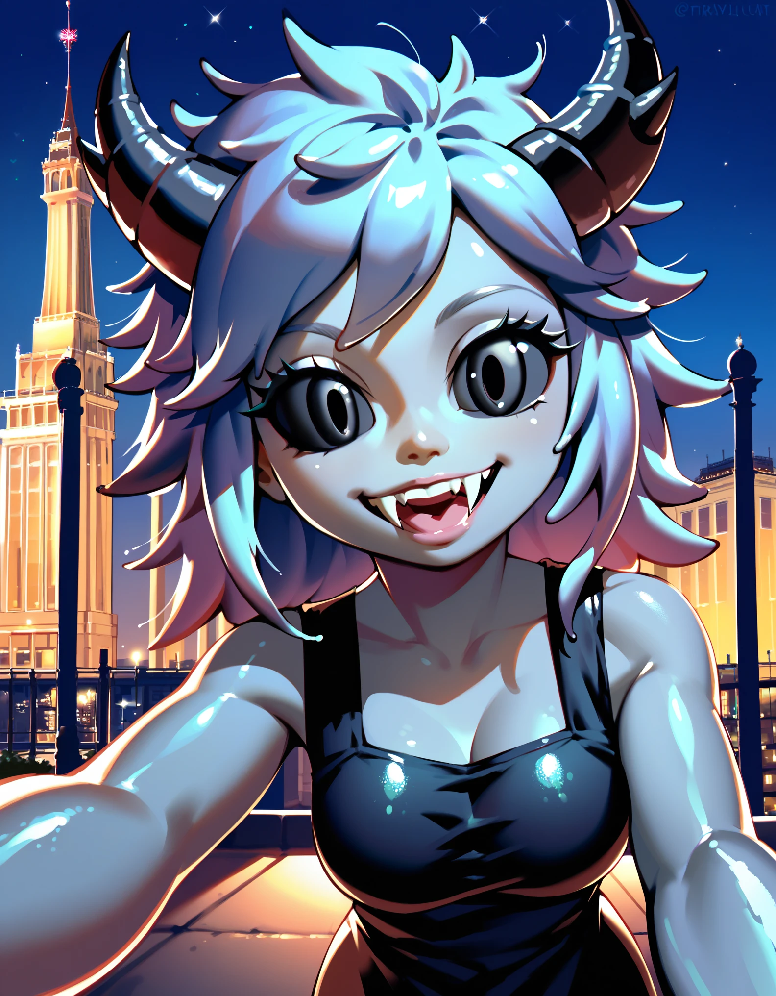 1girl, gray skin, slime girl, messy hair, hair spikes, horns, black eyes, black sclera, selfie, fangs, paris, outside, at night, france, detailed, dynamic, cute, black dress