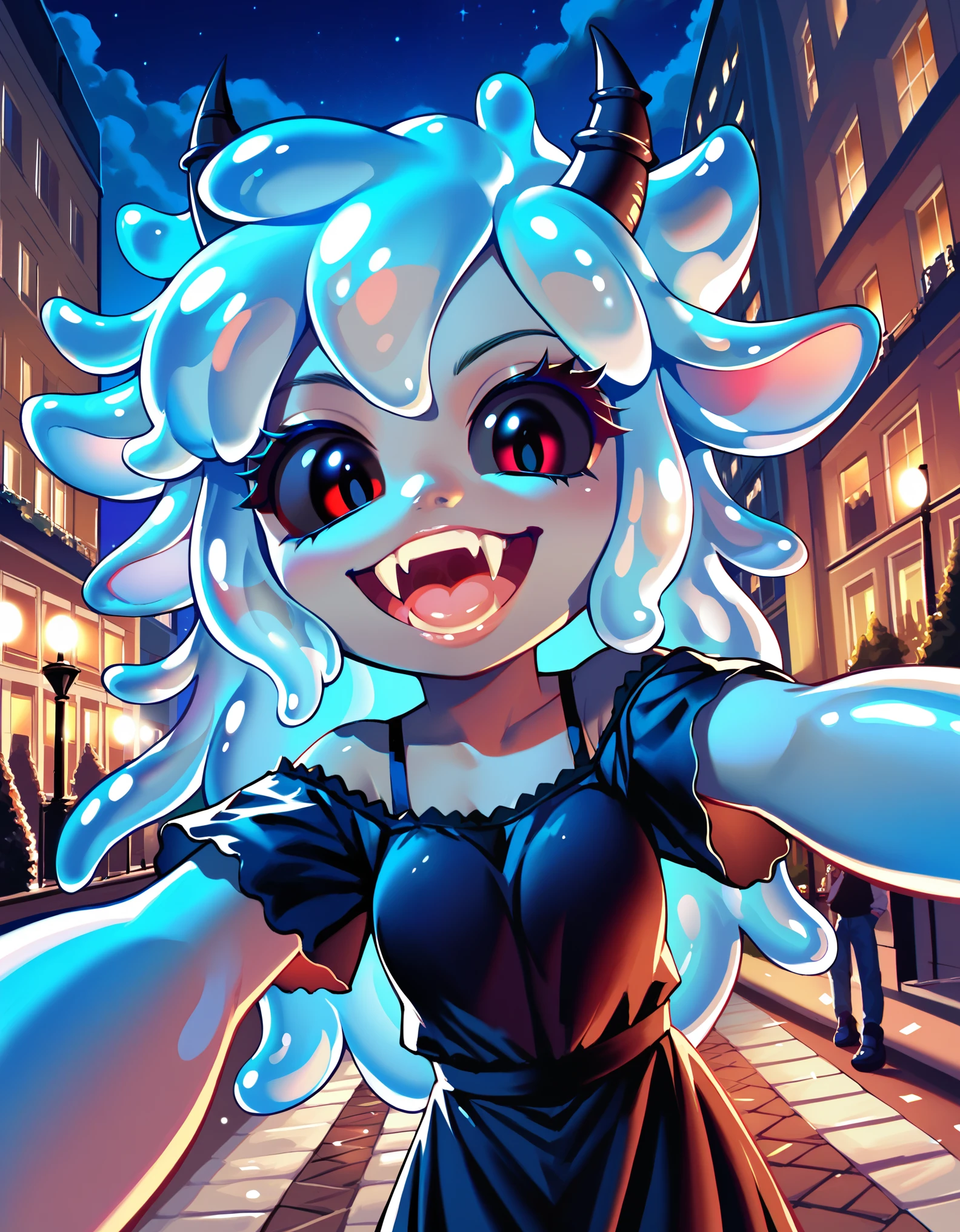 score_9, score_8_up, score_7_up, 1girl, gray skin, slime girl, messy hair, hair spikes, horns, black eyes, black sclera, selfie, fangs, paris, outside, at night, france, detailed, dynamic, cute, black dress