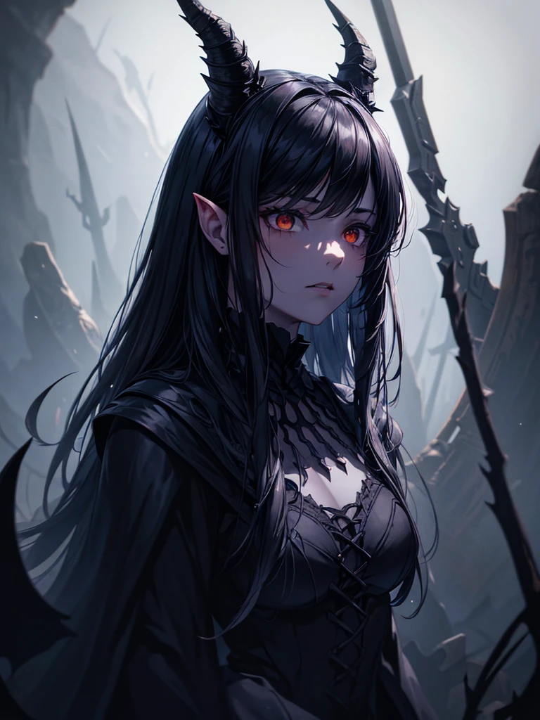 a beautiful demon girl, detailed face, intricate dark dress, horns on her head, dark wings, dramatic pose, cinematic lighting, dark fantasy art, dark color palette, (best quality,4k,8k,highres,masterpiece:1.2),ultra-detailed,(realistic,photorealistic,photo-realistic:1.37),fantasy,dark fantasy,horror,dramatic lighting,moody,cinematic,dark colors,dark aesthetic