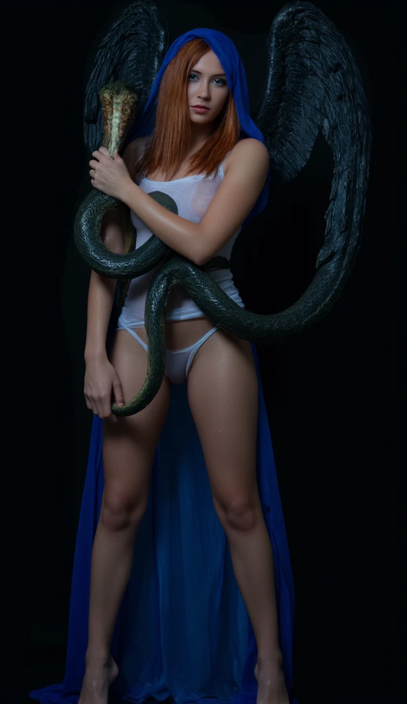 Make front view .  full body image , cinematic lighting ,  Beautiful RUSSIAN woman with perfect body , STRAIGHT RED WET HAIR ,  tanned skin,  one eye is green while the other is blue . ( heterochromia) ,looking at the camera . large ANGEL wings 
BLACK  .  detailed open angels ,barefoot,
 IS COVERED BY AN OLD TRANSPARENT AND WET DARK BLUE HOODED TUNIC COVERING HER HEAD   ,   HOLDING A DARK GREEN snake with a detailed head curled around its body ,The background is black and blue 
