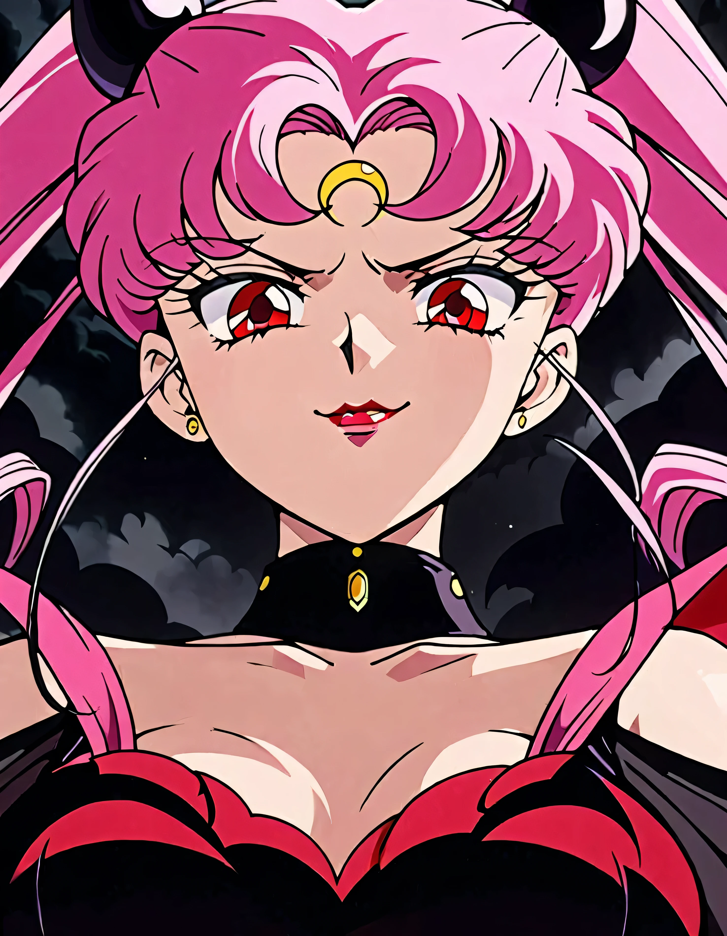 Wicked Lady from Sailor Moon, Pink Hair, Red eyes, , Black crescent moon mark on forehead, very evil smirk,beautiful body,shaded face(eyes in evil shadow),((masterpiece,best quality)), absurdes,black dress,upper body,beautiful face,,looking down at viewer,twintail,,Sadistic ridicule,look down,looking down at viewer, ,city of aevil darkness background,from below,close up,Dark Side、、darkness,wander