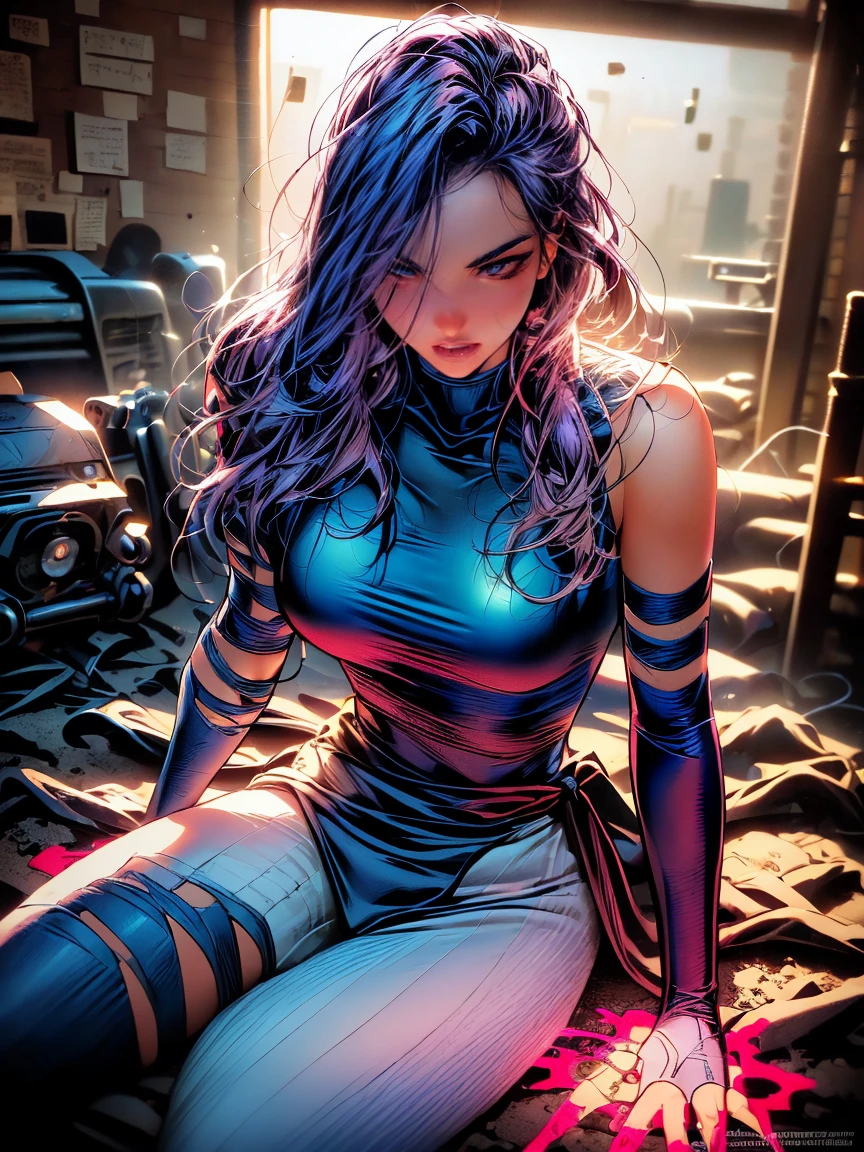 psylocke ,High detail RAW photo), A young woman sits in a corner of her room, Large chest, Wear pajamas, 1970s \(style\), ((Signs on the wall and LED light strips)), (pink and blue environment:1.3) ((close:0.7)), ( masterpiece , piel extremadamente detallada, photorealistic, heavy shadow, Dramatic and cinematic lighting, key light, Fill light), sharp focus, Film grain, Granulated, Kinematic, imperfect skin, screens, texturas, detailed face, Detailed skin, warm colours ,bedroom, bed