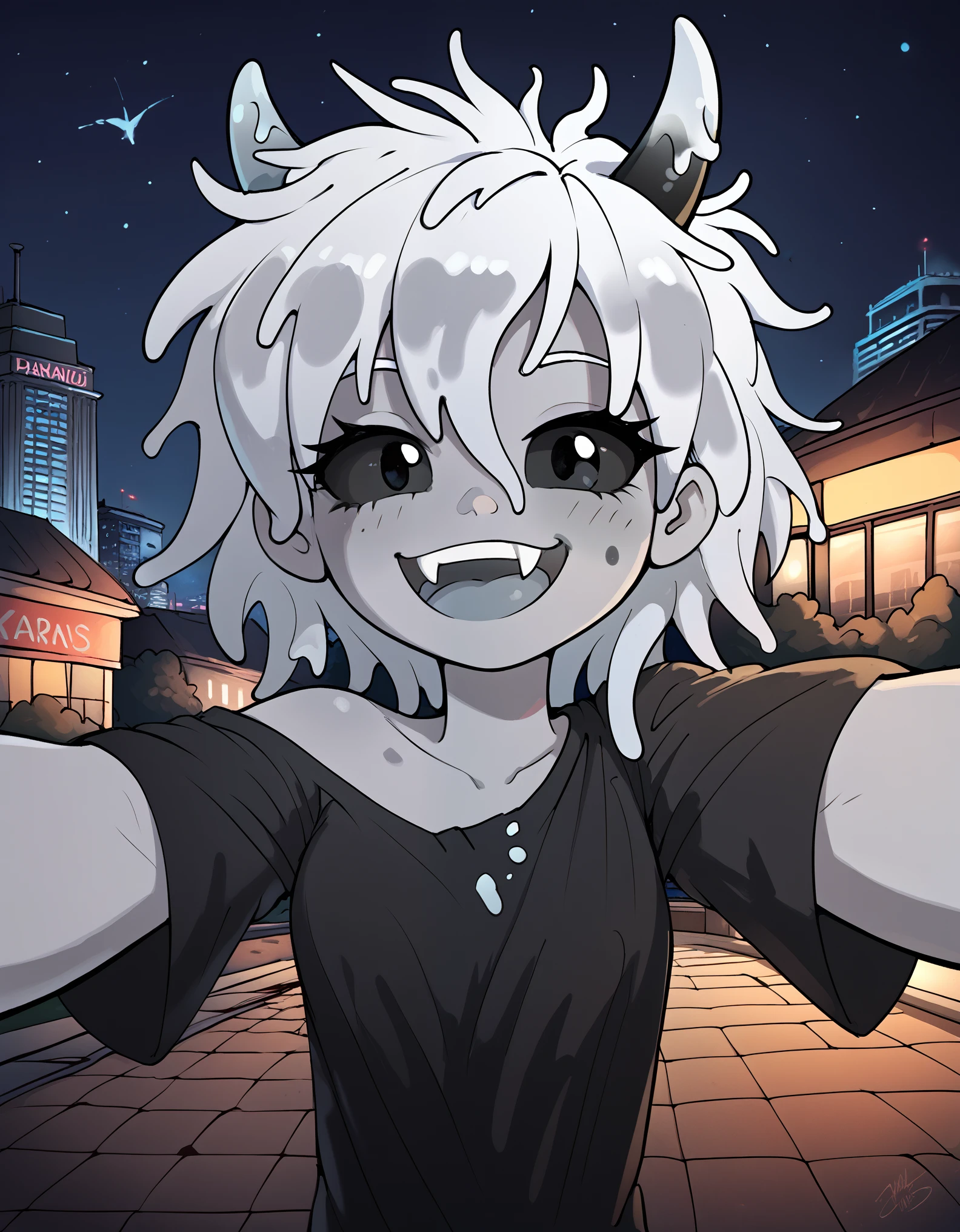 score_9, score_8_up, score_7_up, 1girl, gray skin, slime girl, messy hair, hair spikes, horns, black eyes, black sclera, selfie, fangs, paris, outside, at night, france, detailed, dynamic, cute, black dress