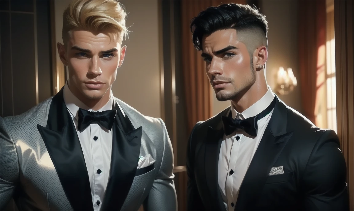 2 men, aged early 30s, each has a unique appearance. An angel and a devil who look like normal albeit incredibly gorgeous human men. classy and well-dressed. looking at you and trying to seduce you.