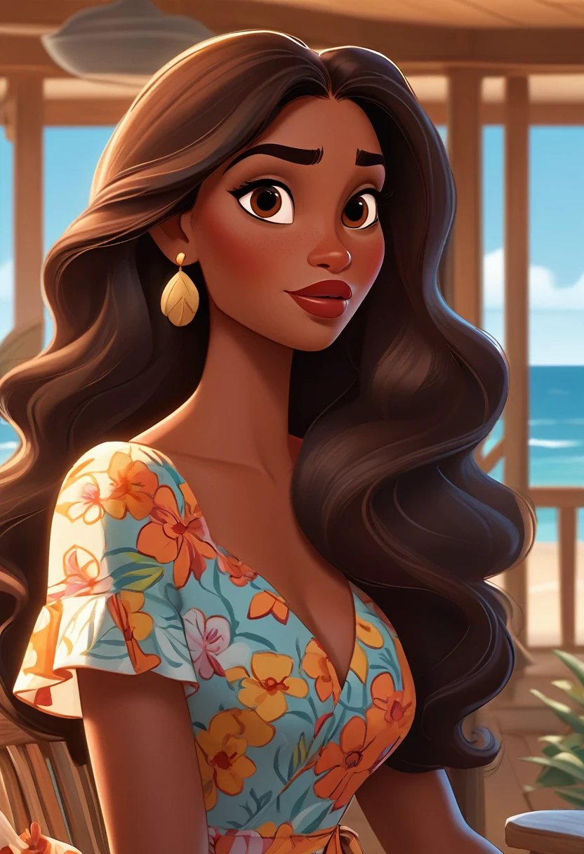  The close-up image shows the face of beautiful Latin woman  (long brown hair, full lips, Dark skin),  with curves in a flowery dress at her beach house Vector art painting, Pixar cartoon with details .