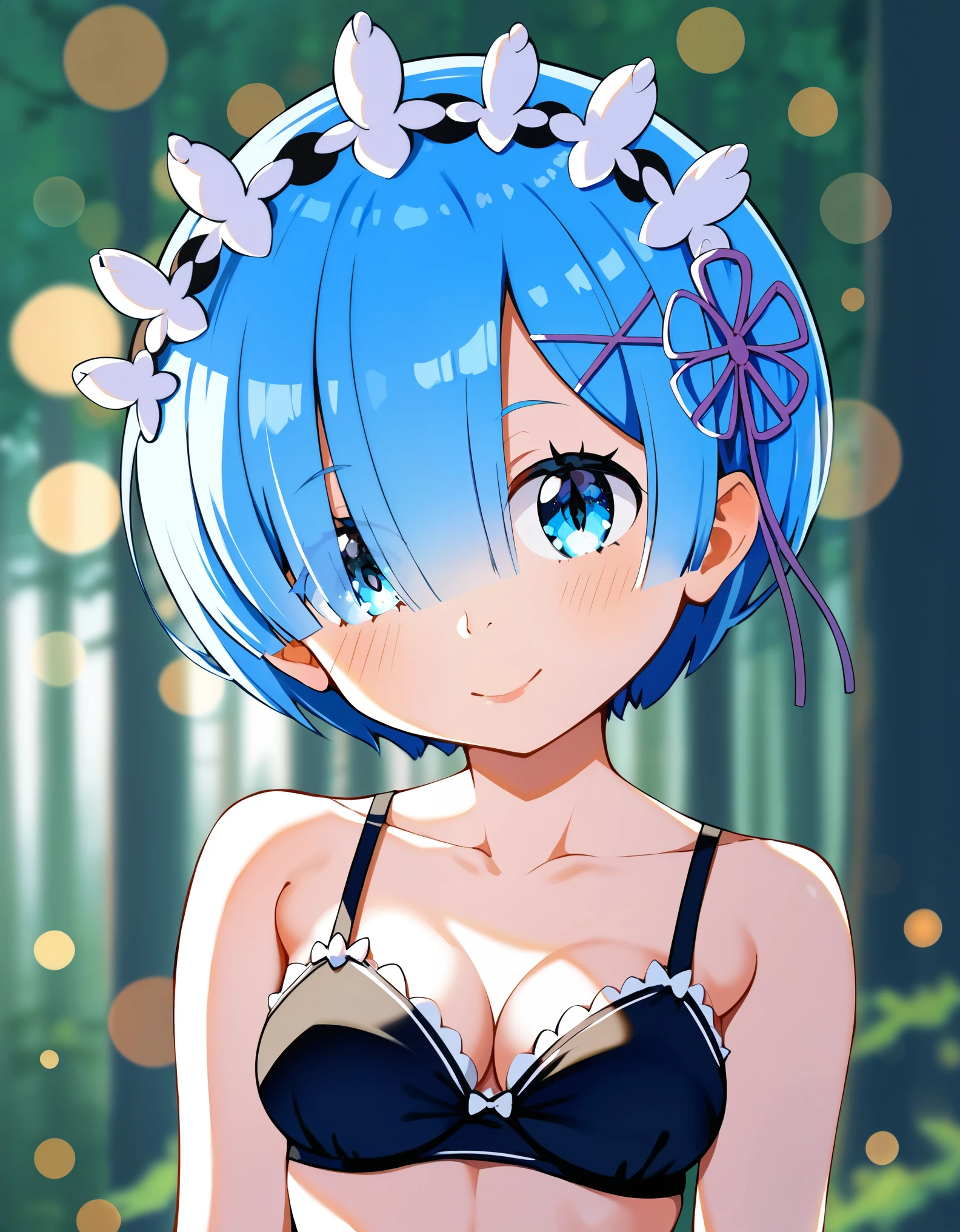 score_9, score_8_up, score_7_up, 1girl, ((rem, re zero, blue hair)), head tilt, portrait, forest, ((bokeh, blurred background))