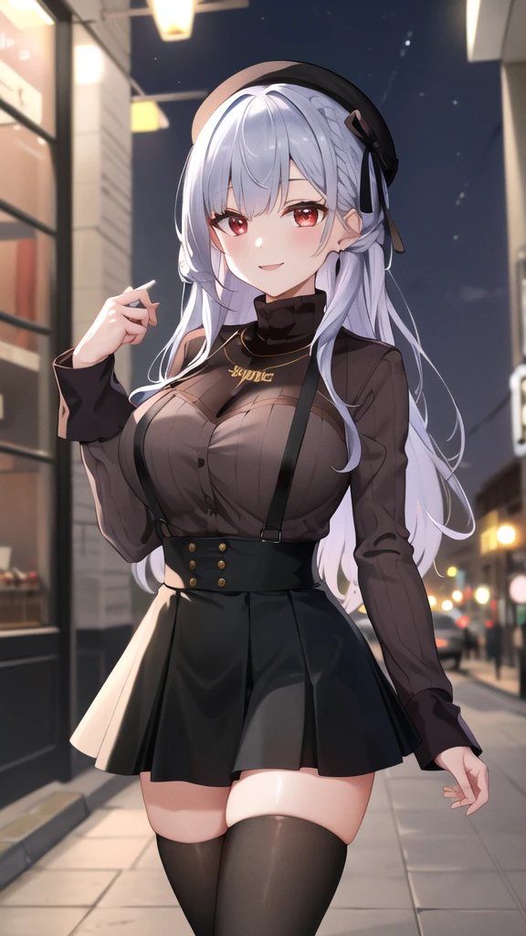 masterpiece, best quality, highres, hmhy1, hat, black thighhighs, suspender skirt, jewelry, necklace, long sleeves, large breasts, beret, turtleneck sweater, black sweater, cowboy shot, outdoors, night, smile,