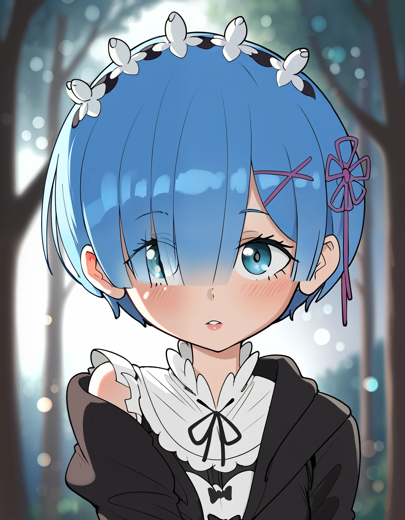 score_9, score_8_up, score_7_up, 1girl, ((rem, re zero, blue hair)), head tilt, portrait, forest, ((bokeh, blurred background))