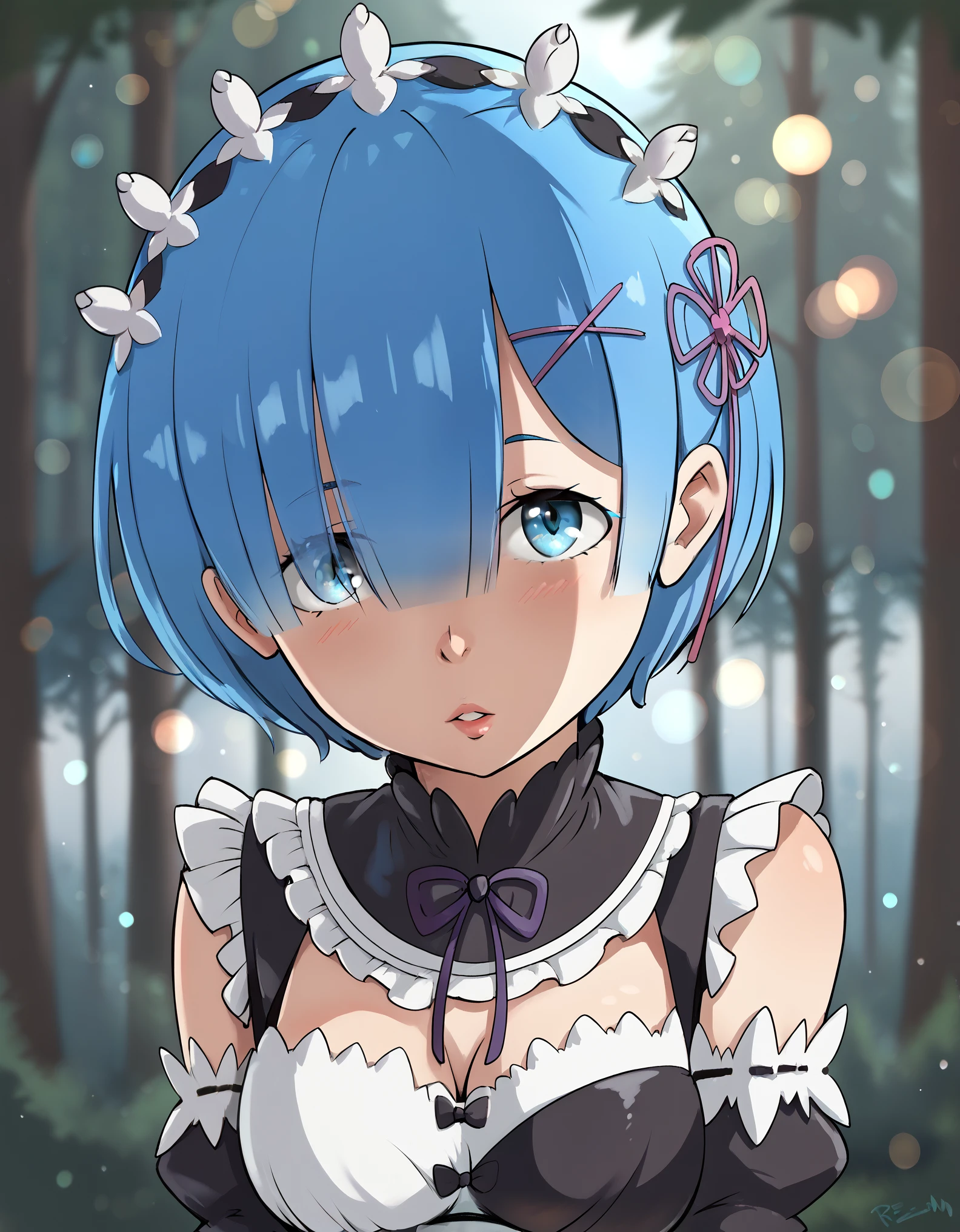 score_9, score_8_up, score_7_up, 1girl, ((rem, re zero, blue hair)), head tilt, portrait, forest, ((bokeh, blurred background))